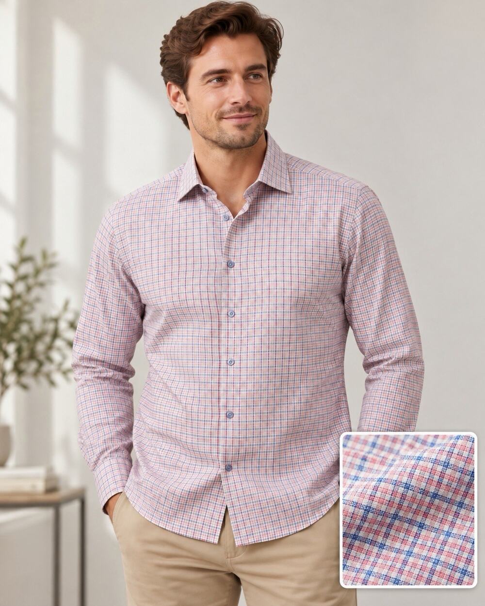 Eton Contemporary Fit Men’s Dress Shirt 41 16 Pink Blue White Plaid Check Cotton